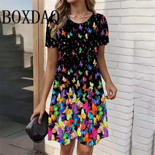 3D Butterfly Print Dress For Summer Women Party O-Neck Short Sleeve Dress Sundress Casual Elegant Ladies Loose Mini Dresses 2025