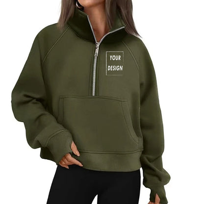Women's Stand Collar Plus Fleece Solid Color Hoodie Long Sleeve Pocket Loose Half Zip Pullover Hoodie Top лонгслив женский