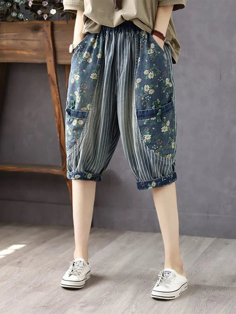 Amax luluE 2025 Summer Fashion Printed Jeans Chinese Women Casual Loose Striped Denim Pants Ladies Floral Vintage Harem Trousers