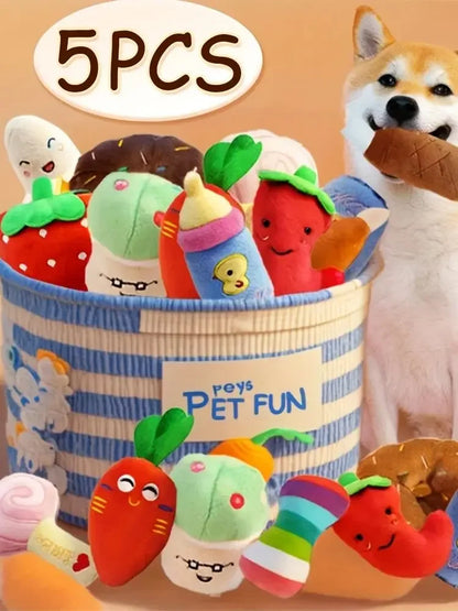 5PCS set of puppy sound toys, loose plush pet chewing, plush fruit snacks and vegetable puppy toys, suitable for cute playm