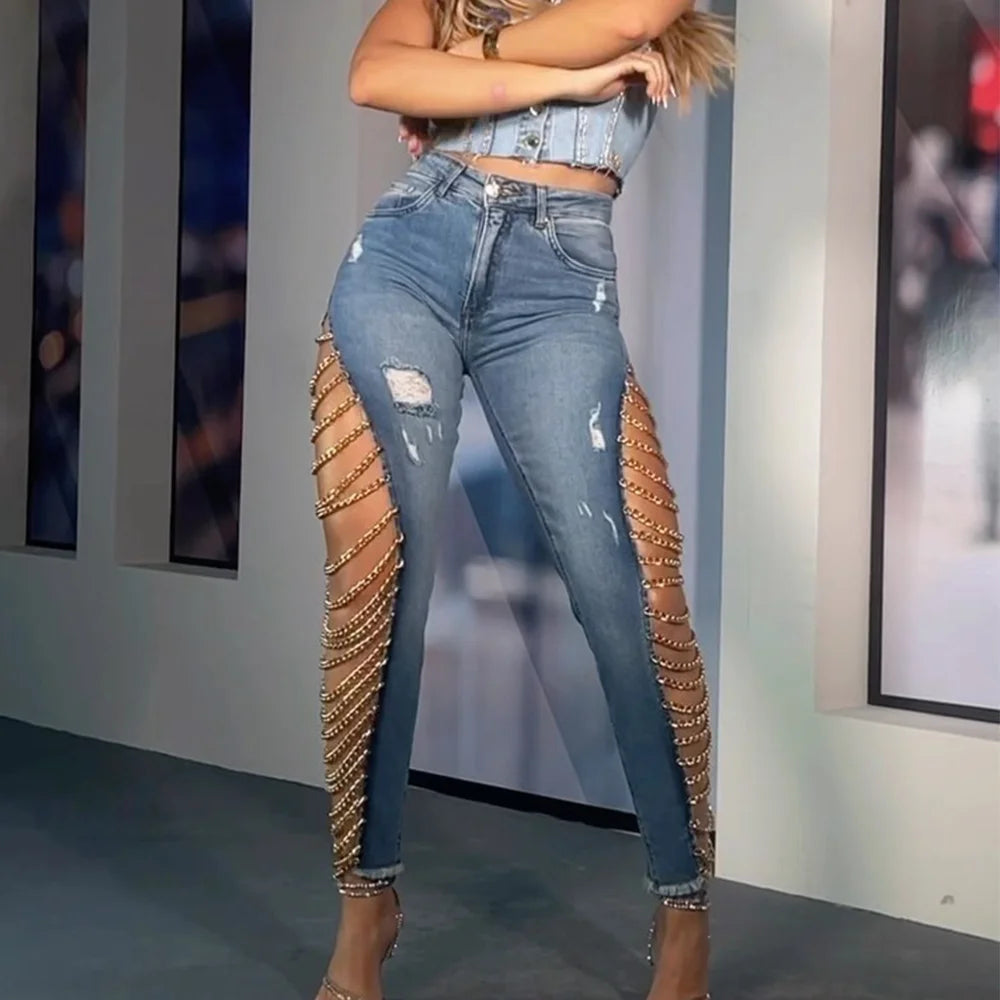 Women's Chain Jeans 2025 Spring Lace Stitching New Fashion Sexy Skinny Pants Pencil Pants Strech Jeans