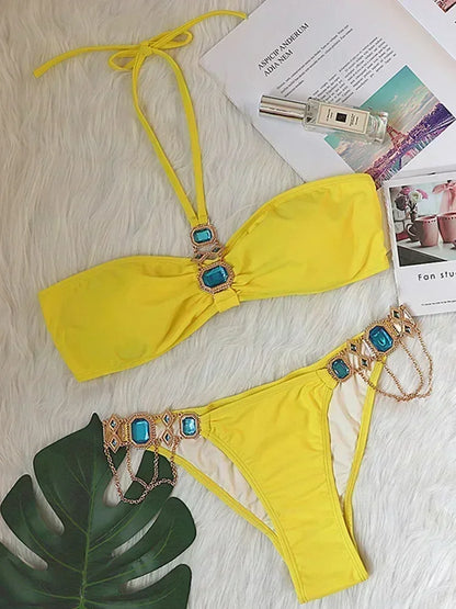 Halter Crystal Rhinestone Diamond Bikini 2025 Female Swimsuit Women Swimwear Two Pieces Bikini set Brazilian Bathing Suit Swim