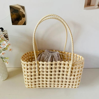 1pcs Plastic Hollow Weave Bag Countryside Style Large Capacity Beach Tote Bag Bucket Bag Bohemian Style Woman PVC Handbag Summer
