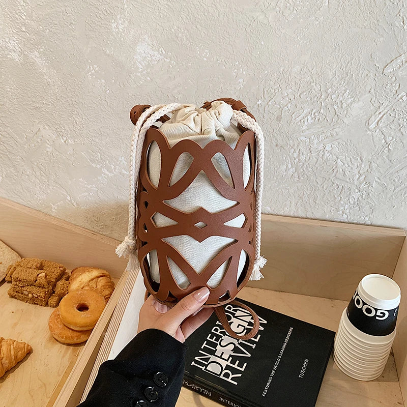 Solid Color PU Versatile Hollow Out Mini Bucket Bag Casual Drawstring Crossbody Bags Hot Sale Adjustable Strap Shoulder Bags