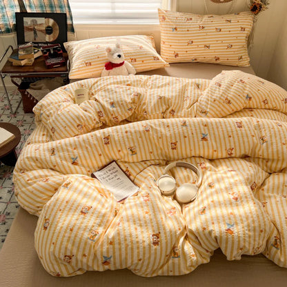 Ins Style Printed All-Cotton Bedding Set Antibacterial Dormitory Bedclothes for Students Comfort Skin-Friendly Home Decoration