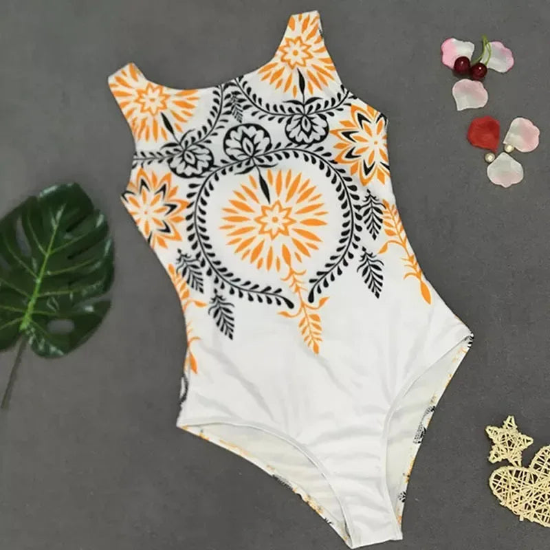 Bohemian Style High Neck One-piece Swimsuit New Women's Swimming Costume Beachwear Summer Outdoor Sports Fitness One-piece
