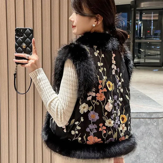 Woman vest autumn winter slimming Waistcoat Hairy Edge vest Floral embroidered shoulders Thickened vest Parkas Cardigan Tops