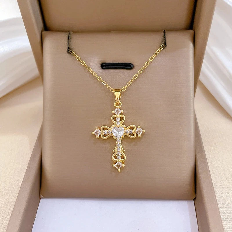 Sweet Cool Hollow Cross with Zircon Pendant Necklace for Women Girls Stainless Steel Chain Punk Cross Accessories Jewelry Gifts