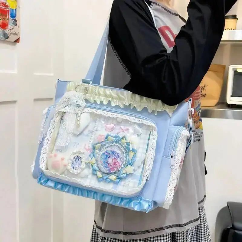 Y2k New Sweet Ita Shoulder Bag Lolita Girl Transparent Crossbody Bag Women Large Capacity Lace Tote Bag Cute DIY Display Handbag