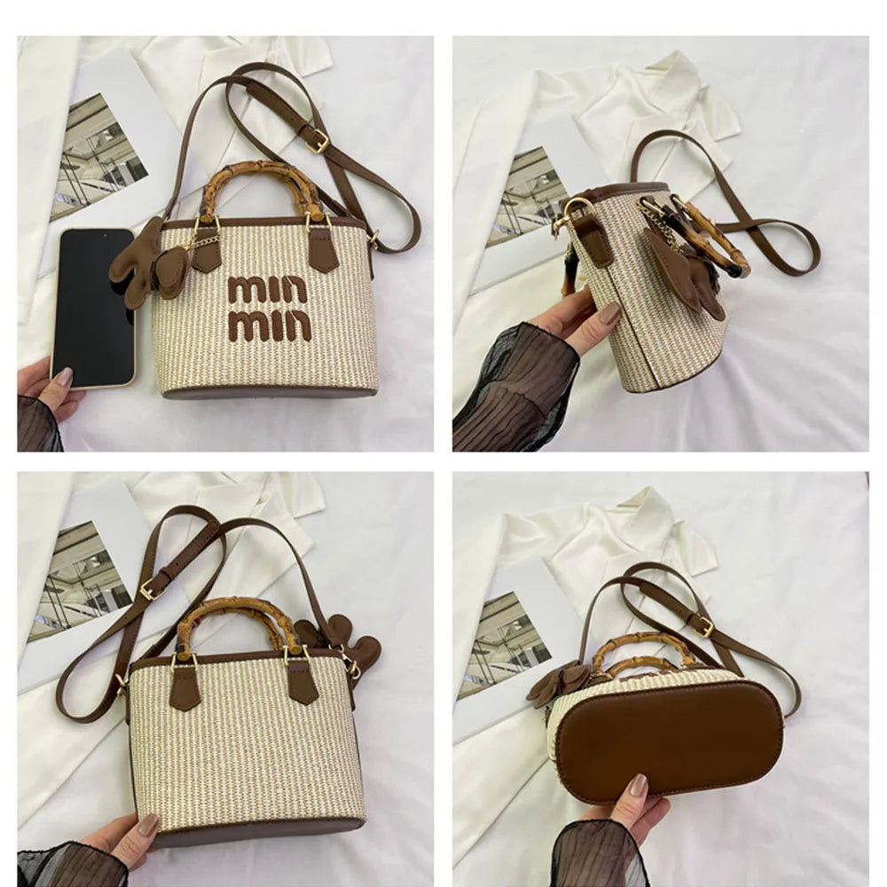 Women's Crossbody Bag Bamboo Fiber Woven Basket Bag Water Bucket Bag Zipper Closure, Versatile for Casual & Formal Occasions