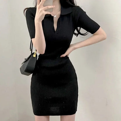 Short Sleeve Dress Women Slim Knitting Female Clothes Summer Streetwear Vacation Casual Soft Sweet Basic Ulzzang Vestidos