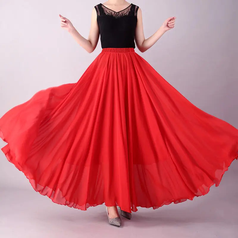 720 Degree Dance Skirt Pleated Long Skirt Women's Summer Solid Color High Waist Chiffon Long Skirt Large Swing Skirt