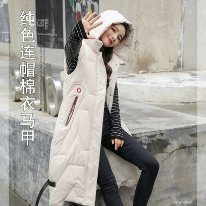 2025 Oversized Cotton Vests Sleeveless Coat Women Autumn Winter Hooded Waistcoat Puffer Parkas Long Warm Down Cotton Outwear