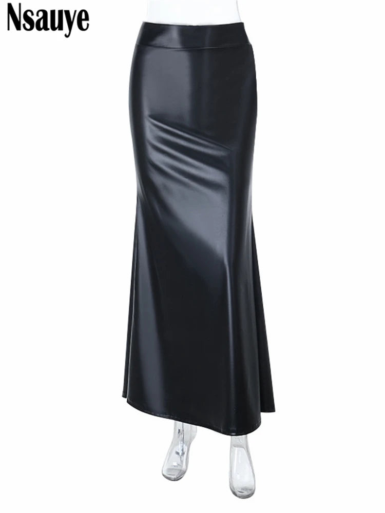 Nsauye Fashion Elegant PU Leather Long Package Skirts High Waisted Maxi Y2K Sexy Women Wrap Skirt Vintage Clothes 2025 Autumn