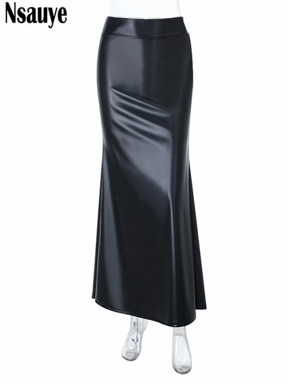 Nsauye Fashion Elegant PU Leather Long Package Skirts High Waisted Maxi Y2K Sexy Women Wrap Skirt Vintage Clothes 2025 Autumn