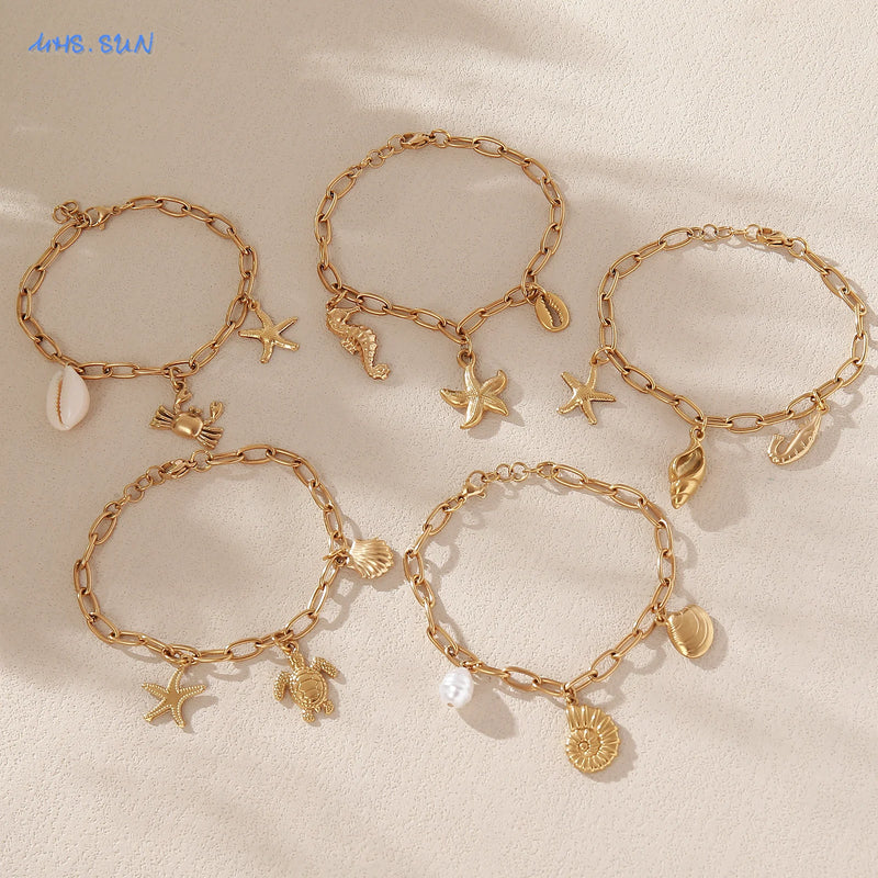 MHS.SUN Summer Starfish Conch Crab Charms Chain Bracelets Trendy Stainless Steel Ocean Style Beach Waterproof Jewelry For Women