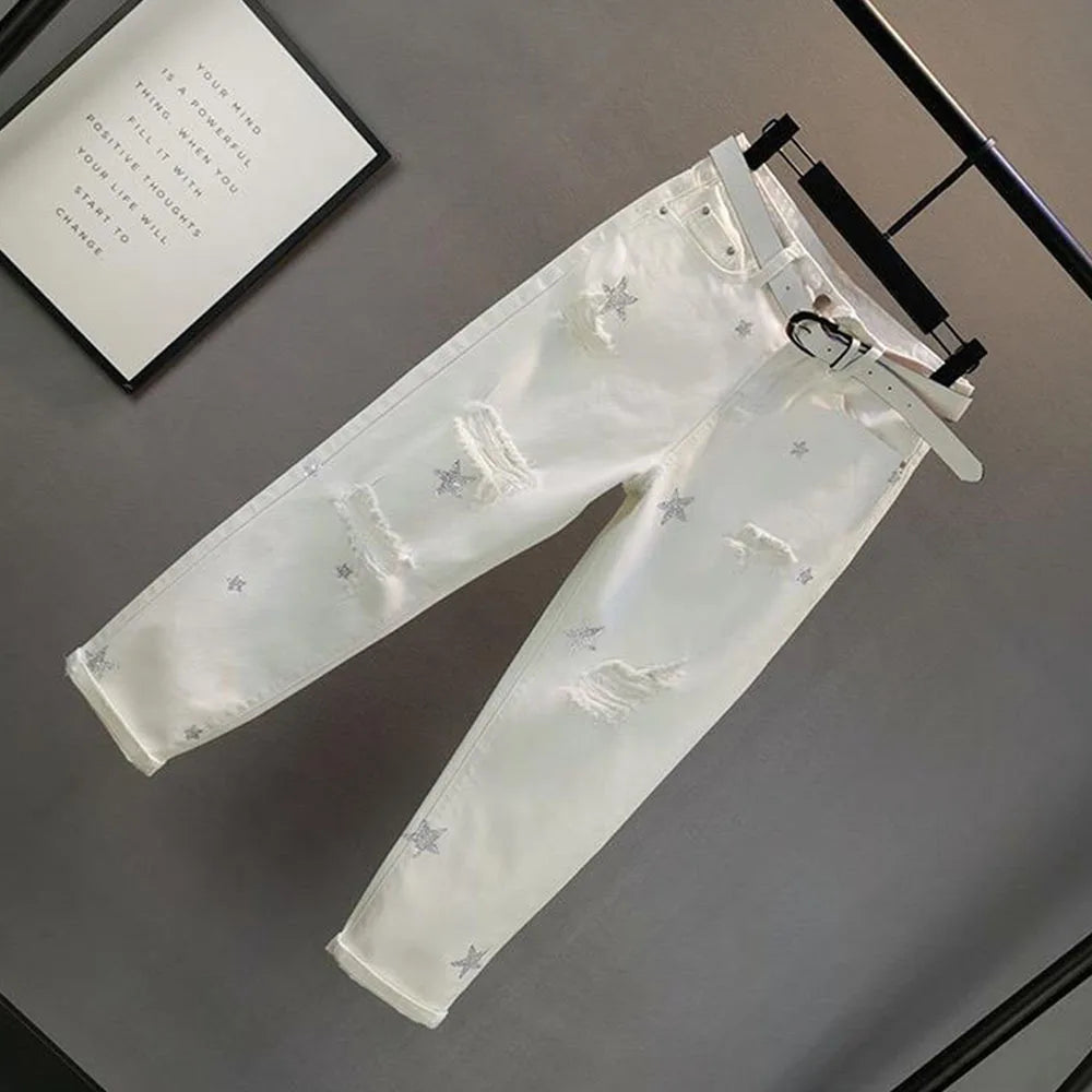White Black Hole Summer Thin Baggy Jeans Women Streetwear Harajuku Pants Denim Trousers  Hot Drilling Pantalones Mujer