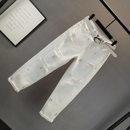 White Black Hole Summer Thin Baggy Jeans Women Streetwear Harajuku Pants Denim Trousers  Hot Drilling Pantalones Mujer