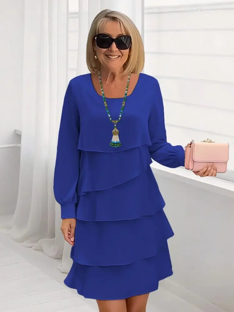 Autumn Women's Cake Chiffon Dress New Casual Elegant O-Neck Party Irregular Layered Long Sleeve Fashion Mini Dresses For Women