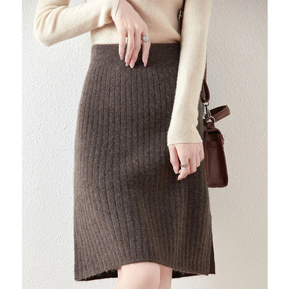Women's Knitted Skirt 100% Merino Wool Sheath Skirt Solid Color Autumn/Winter Fashion Vertical Strip Wrap Hip Skirt Split Skirt