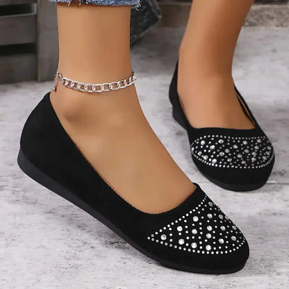 Women Flats Shiny Crystal Shallow Loafers Women Lightweight Non-Slip Ballet Flats Luxury Flock Soft Sole Walking Shoes for Women