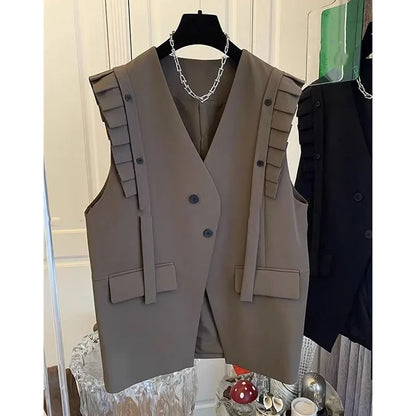 New Vest Coat Female Spring Autumn Temperament Wood Ear Splicing Suit Sleeveless Jacket Women Loose Casual Waistcoat Tops Ladies