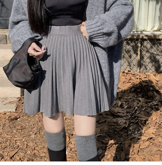 Women's Autumn Elegant A-Line Knitted Mini Skirt High Waist Pleated Skirt Femme Faldas Jupe Saia