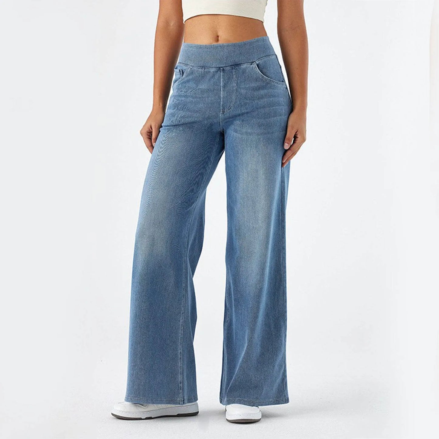 Baggy Ladies Wide Leg Trousers With Elastic Waistband High Waist Stretch Vertical Tube Trousers Stylish Womens' Casual Pants