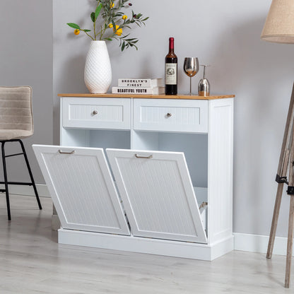 Trash Cabinet Tilt Out Freestanding, Pet Proof Kitchen Trash Cabinet Laundry Hamper with Cutting Board, Wood Garbage Recycling S