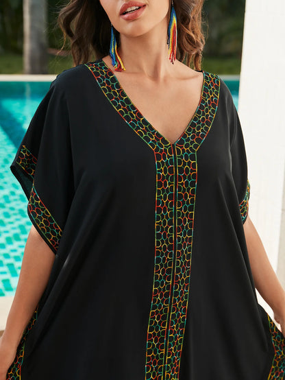 Embroidery Beach Kaftan Dress for Women Short Sleeve Bikini Swimsuit Cover Up