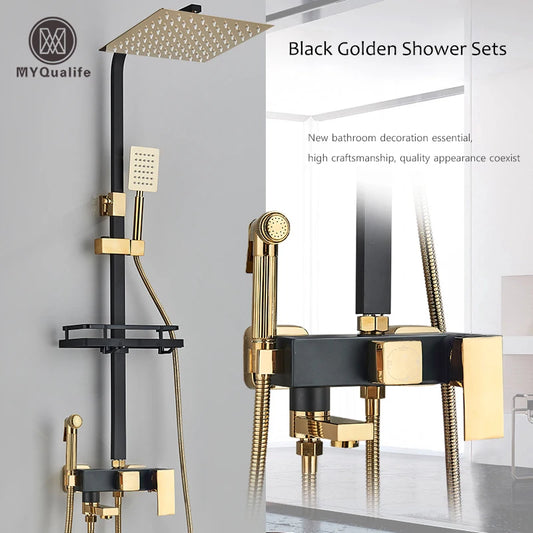 Black Golden Bathroom Shower Faucet Stainless Steel Rainfall Shower Head+Hand Shower,Rotate Bath Tub Spout Shower Kit