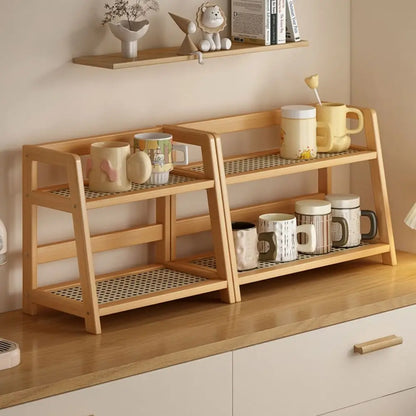 Display Rack Spice Rack Wooden Storage Shelf for Kitchen Rattan Desktop Organizer for Countertop Makeup Organizer