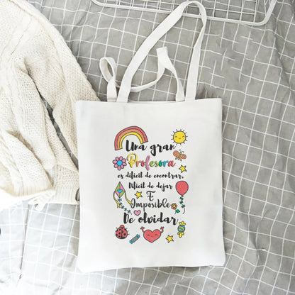 Spanish Printed Women Tote Bag Canvas Shopping Bags Female Travel Shoulder Bag Casual Handbag Graduation Thanks Gift for Teacher