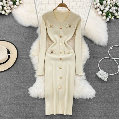 Sexy Split V-neck Long Sleeve Bodycon Dress Chic Elegant Evening Party French Fashion Knit Vestidos Women Autumn Pencil Dress