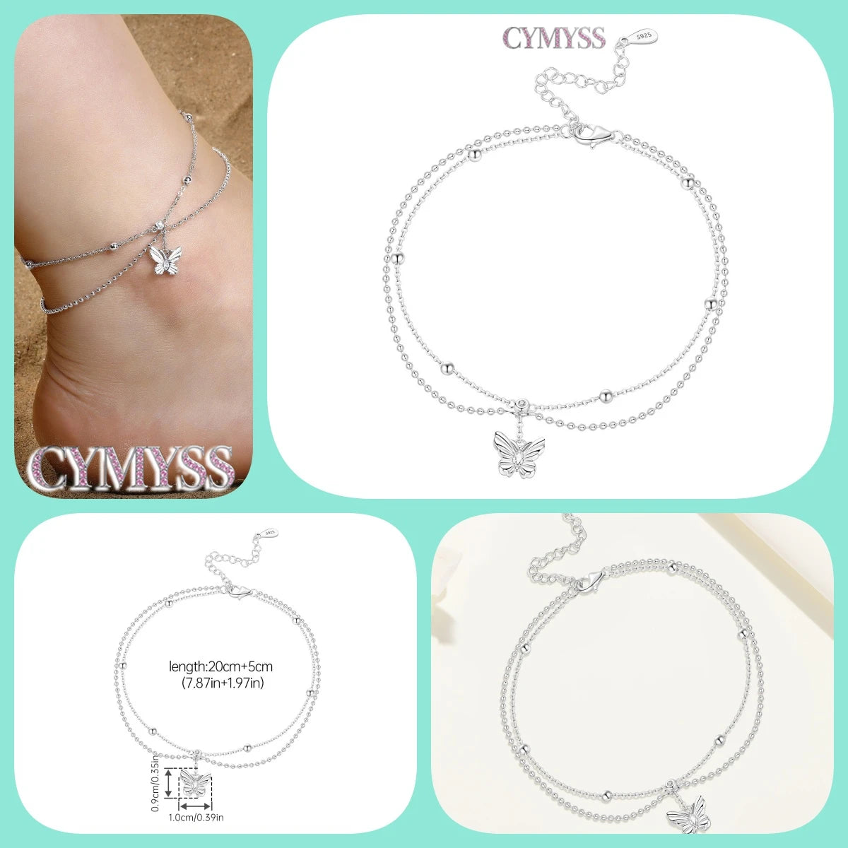 Original Anklets for Women 925 Sterling Silver Exquisite 2 Layer Zircon Chain Anklet Gold Color Ideal Summer Beach Jewelry Gift
