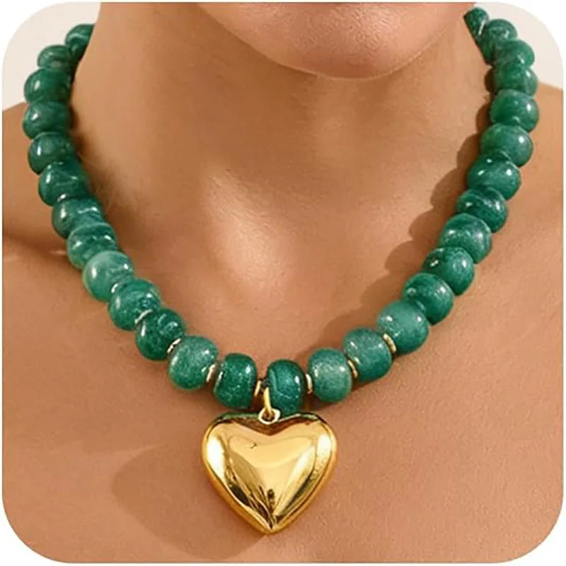 Bohemian Colorful Chunky Resin Beaded Necklace for Women Y2K Trendy Gold Color Puffy Heart Pendant Choker Summer Beach Jewelry