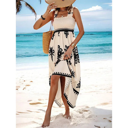 Women New Backless Suspenders Dresses Vintage Print Elastic Pleated Wrap Bust Long Gown Female Comfortable Vacation Casual Dress