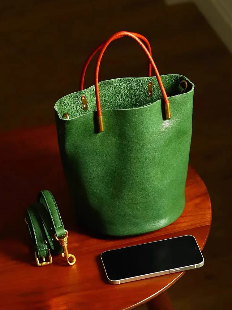 Women's Bag Japanese Green Bucket Bag Fashion Handbag Simple Versatile Pu Leather Trendy New Exquisite Hardware Zipper Handbag