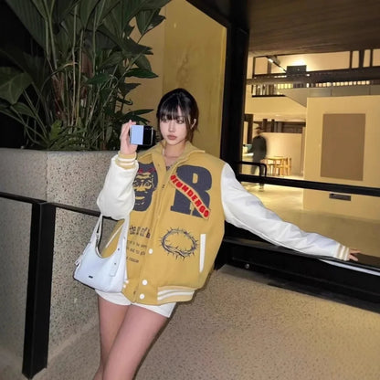 American Style Loose Baseball Jacket Cool Biker Clothes Women's Spring Autumn Fashion Outerwear Comfortable Soft Material