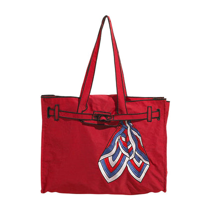 Japanese Nylon Silk Scarf Embroider Tote Bag Large Capacity Fashion Shoulder Bag for School Work Shopping Retro Handbag 2025 NEW