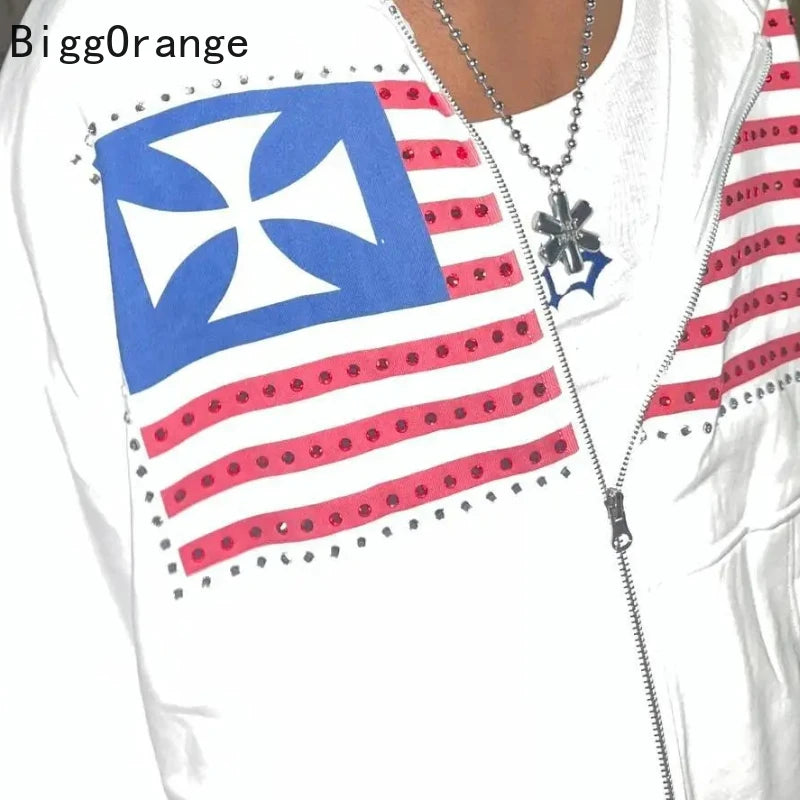 Sweatshirt coat rhinestone embroidered zipper hoodie American fashion street clothing Gothic flag men and women same sweatshirt