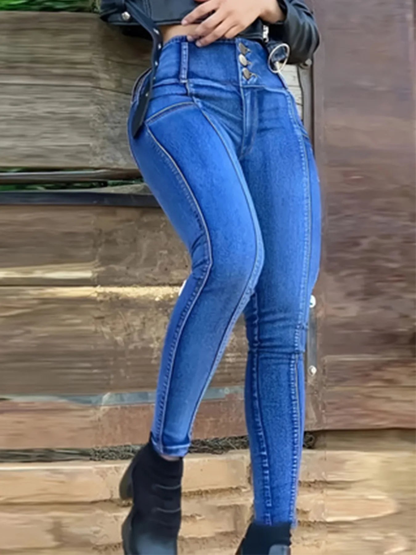 Women's high waisted single breasted hip lifting tight pencil motorcycle workwear style jeans