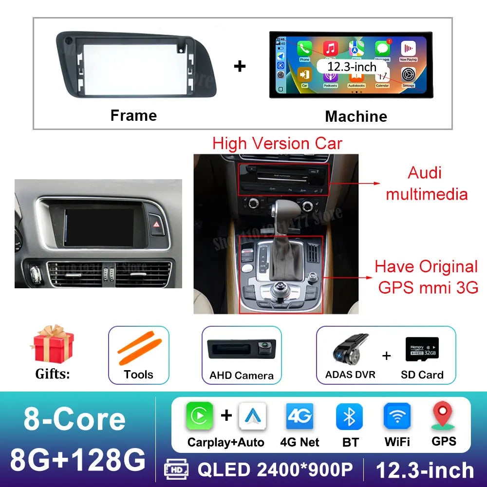 12.3 inch GPS Navigation Wireless Carplay Android 16 for Audi Q5 2009 - 2017 BT Car Multimedia Video Radio Player 4G Auto Tools