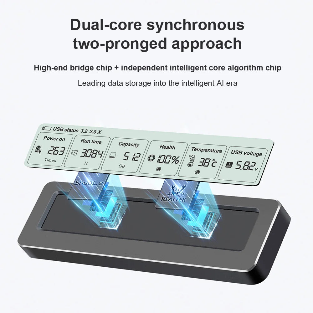 M.2 NVME/NGFF Dual Protocol SSD Enclosure Visual Smart SSD Case Health Detection USB 3.2 Gen 2 10Gbps Aluminum Alloy PCI-E Shell