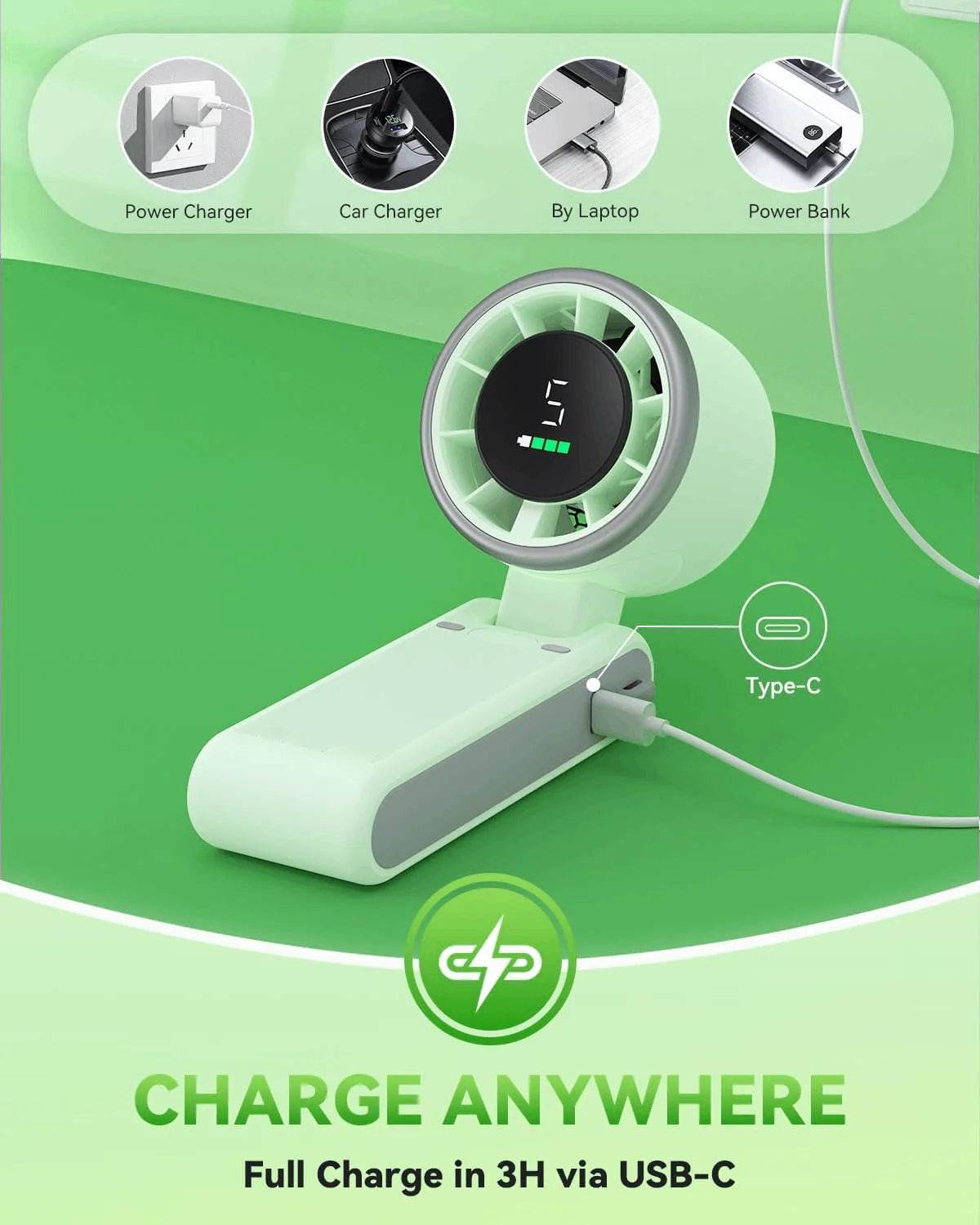 Handheld Fan Portable Foldable USB Rechargeable, Ultra Quiet 5-speed Adjustable, 1200mAh Battery (10 Hours Running Time)