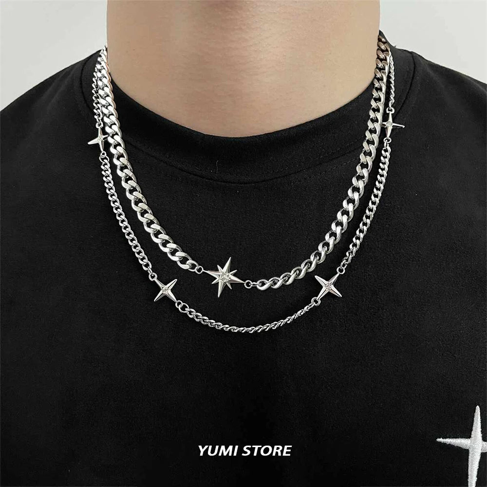 Titanium Steel Double-Layer Layered Star Necklace For Man Woman Hip-Hop Non Fading Sweater Clavicle Chain Couple Jewelry