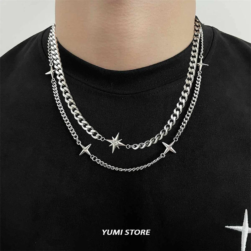 Titanium Steel Double-Layer Layered Star Necklace For Man Woman Hip-Hop Non Fading Sweater Clavicle Chain Couple Jewelry