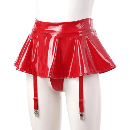 Womens Glossy Patent Leather Ruffle Mini Skirt Built-in Thongs Garter Belts Metal Clips Shorts Miniskirt Pole Dance Clubwear