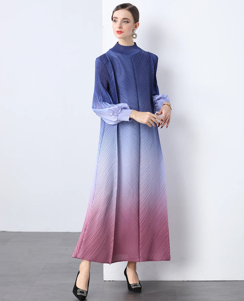 Miyake Wrinkles Pleated Printed Chiffon Maxi Dresses Middle Eastern Clothing Women Loose Women High Neck Long Sleeves Stitching