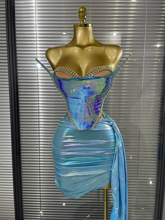 Blue Black Women Sexy Strapless Shinning Sequins 2 Pieces Bodycon Mini Dress Draped Celebrate Nightclub Party Bar Singer Wear